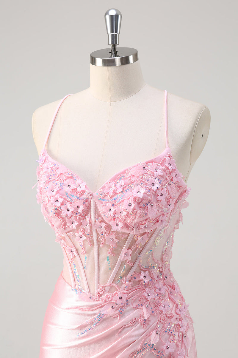 Load image into Gallery viewer, Pink Satin Ruched Mermaid Corset Formal Dress with Slit