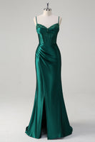Load image into Gallery viewer, ZAPAKA Women Sparkly Dark Green Satin Long Formal Dress with Slit Mermaid Corset Spaghetti Straps Beaded Lace Up Back Evening Dress