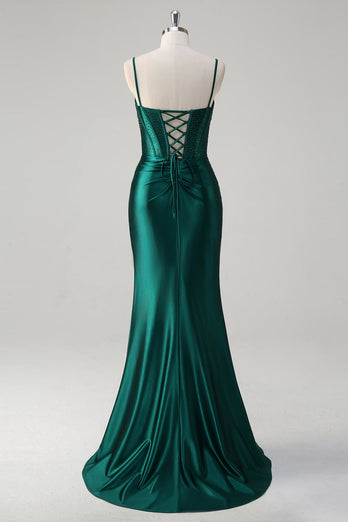 Glitter Dark Green Satin Mermaid Long Formal Dress with Beading
