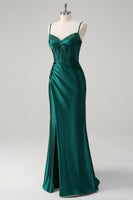Load image into Gallery viewer, Glitter Dark Green Satin Mermaid Long Formal Dress with Beading