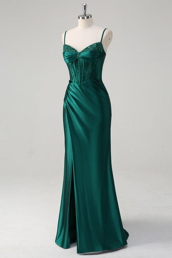 Glitter Dark Green Satin Mermaid Long Formal Dress with Beading