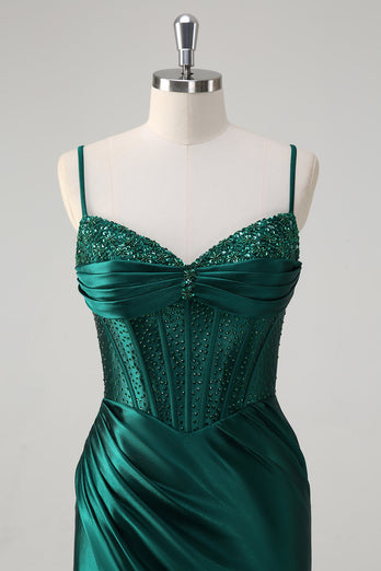 Glitter Dark Green Satin Mermaid Long Formal Dress with Beading