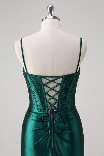 Glitter Dark Green Satin Mermaid Long Formal Dress with Beading