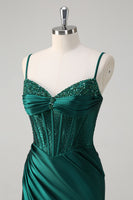 Load image into Gallery viewer, Glitter Dark Green Satin Mermaid Long Formal Dress with Beading