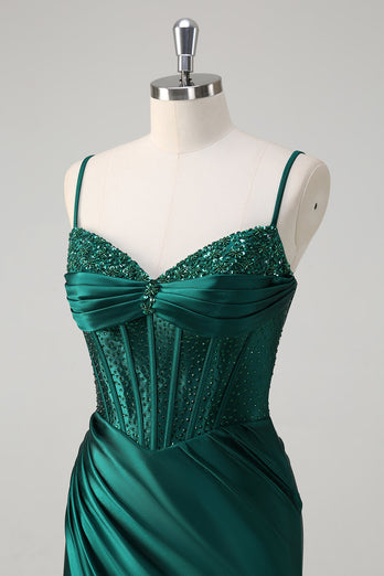 Glitter Dark Green Satin Mermaid Long Formal Dress with Beading