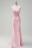 Load image into Gallery viewer, Zapaka Women Light Pink Sparkly Sequins Formal Dress Mermaid Spaghetti Straps Ruched Corset Long Evening Dress with Slit