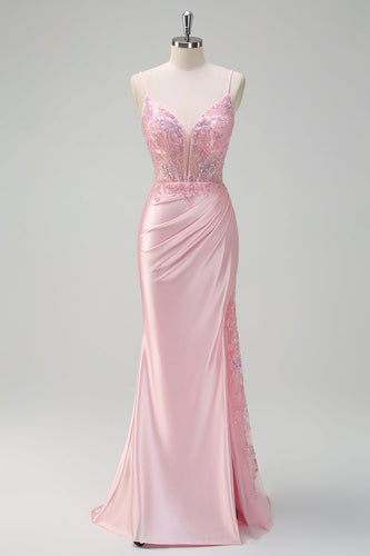 Zapaka Women Light Pink Sparkly Sequins Formal Dress Mermaid Spaghetti Straps Ruched Corset Long Evening Dress with Slit