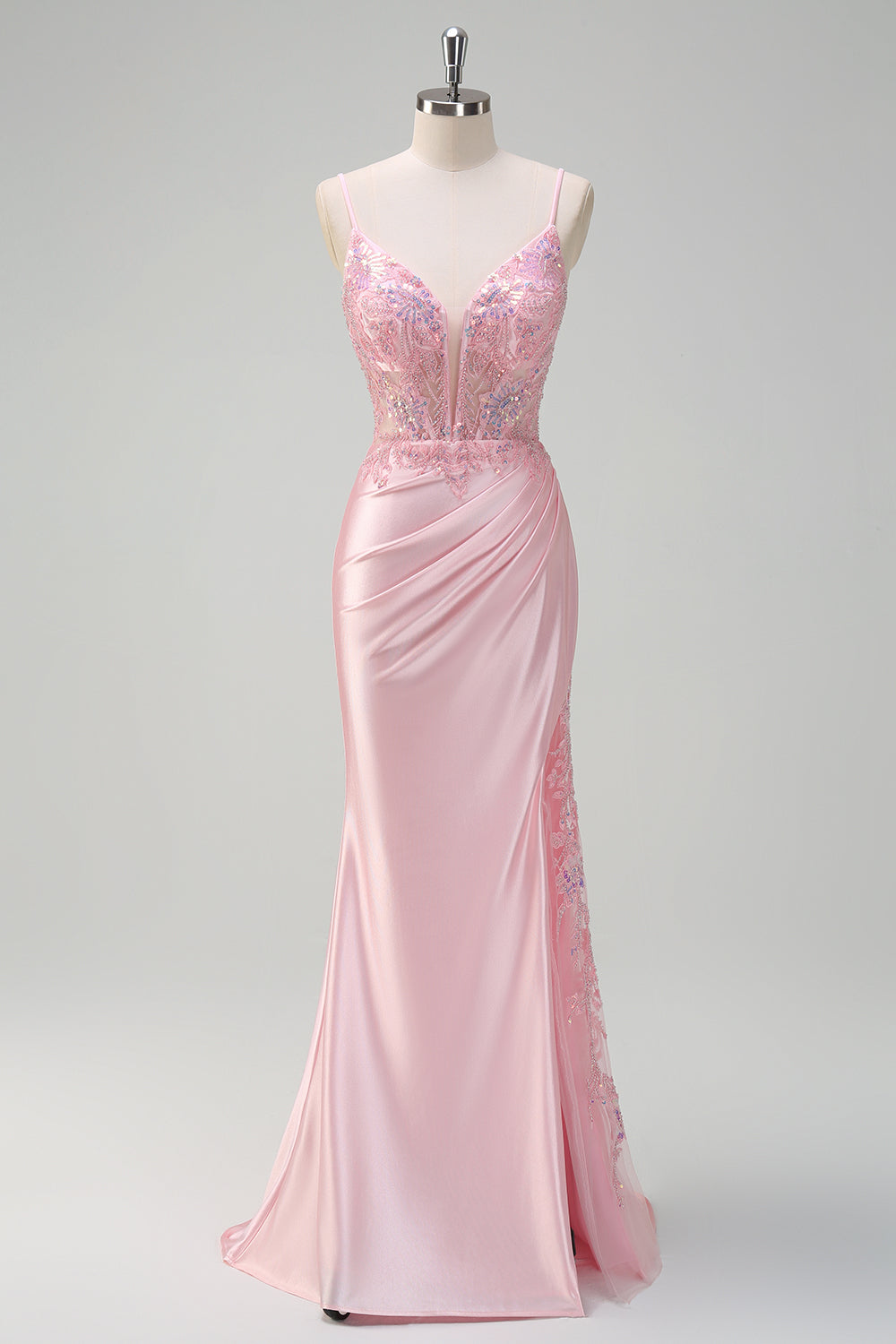 Zapaka Women Light Pink Sparkly Sequins Formal Dress Mermaid Spaghetti Straps Ruched Corset Long Evening Dress with Slit