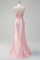 Load image into Gallery viewer, Light Pink Satin Mermaid Ruched Corset Formal Dress with Slit