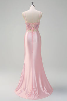 Light Pink Satin Mermaid Ruched Corset Formal Dress with Slit
