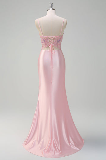 Light Pink Satin Mermaid Ruched Corset Formal Dress with Slit