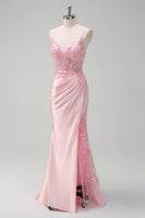 Load image into Gallery viewer, Light Pink Satin Mermaid Ruched Corset Formal Dress with Slit