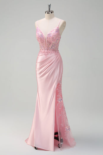Light Pink Satin Mermaid Ruched Corset Formal Dress with Slit