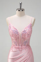 Load image into Gallery viewer, Light Pink Satin Mermaid Ruched Corset Formal Dress with Slit