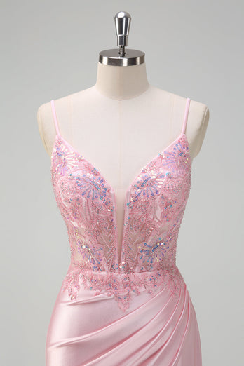 Light Pink Satin Mermaid Ruched Corset Formal Dress with Slit