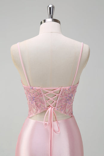 Light Pink Satin Mermaid Ruched Corset Formal Dress with Slit