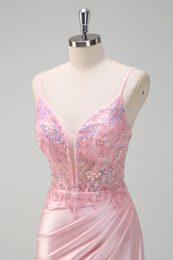 Light Pink Satin Mermaid Ruched Corset Formal Dress with Slit