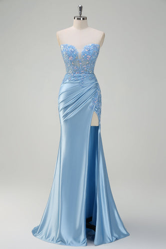 ZAPAKA Women Sparkly Light Blue Long Formal Dress Mermaid Strapless Appliques Sequin Corset Evening Dress with Slit