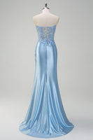 Load image into Gallery viewer, Light Blue Satin Mermaid Sweetheart Corset Formal Dress with Slit