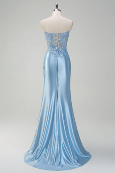 Light Blue Satin Mermaid Sweetheart Corset Formal Dress with Slit