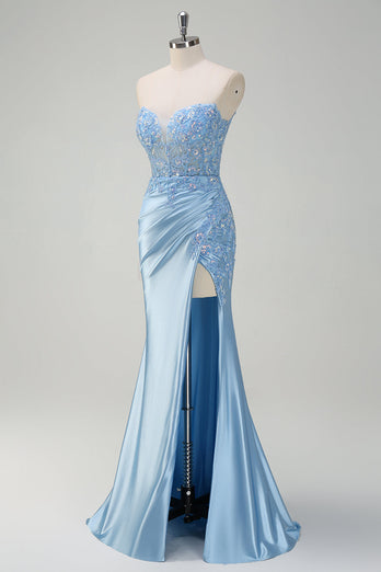 Light Blue Satin Mermaid Sweetheart Corset Formal Dress with Slit