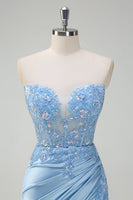 Load image into Gallery viewer, Light Blue Satin Mermaid Sweetheart Corset Formal Dress with Slit