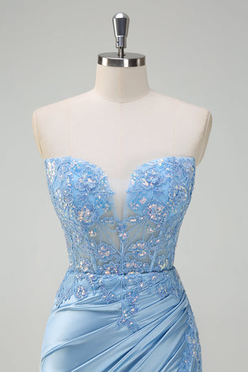 Light Blue Satin Mermaid Sweetheart Corset Formal Dress with Slit