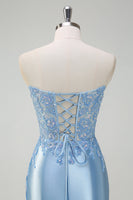 Load image into Gallery viewer, Light Blue Satin Mermaid Sweetheart Corset Formal Dress with Slit