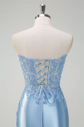 Light Blue Satin Mermaid Sweetheart Corset Formal Dress with Slit