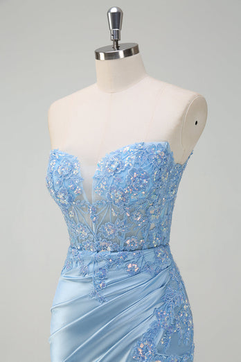 Light Blue Satin Mermaid Sweetheart Corset Formal Dress with Slit