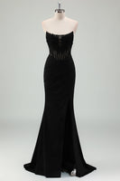Load image into Gallery viewer, Black Satin Mermaid Strapless Corset Long Formal Dress with Slit