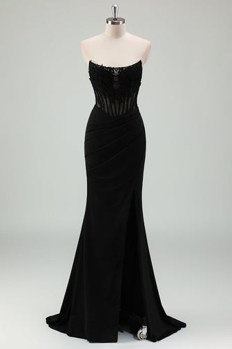 Black Satin Mermaid Strapless Corset Long Formal Dress with Slit