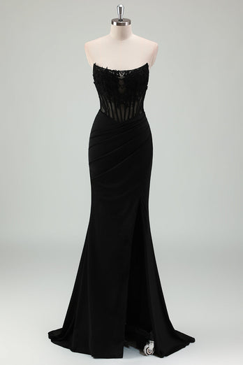 Black Satin Mermaid Strapless Corset Long Formal Dress with Slit
