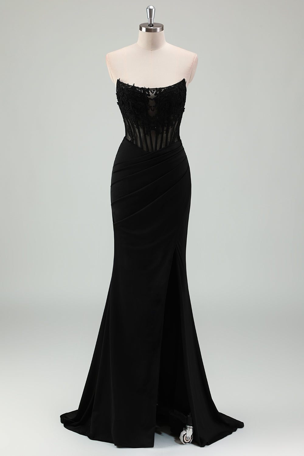 Black Satin Mermaid Strapless Corset Long Formal Dress with Slit