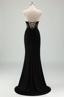 Load image into Gallery viewer, Black Satin Mermaid Strapless Corset Long Formal Dress with Slit