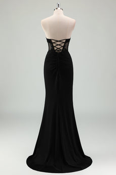Black Satin Mermaid Strapless Corset Long Formal Dress with Slit