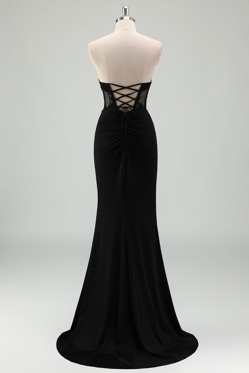 Load image into Gallery viewer, Black Satin Mermaid Strapless Corset Long Formal Dress with Slit