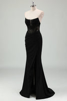 Load image into Gallery viewer, Black Satin Mermaid Strapless Corset Long Formal Dress with Slit