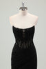 Load image into Gallery viewer, Black Satin Mermaid Strapless Corset Long Formal Dress with Slit