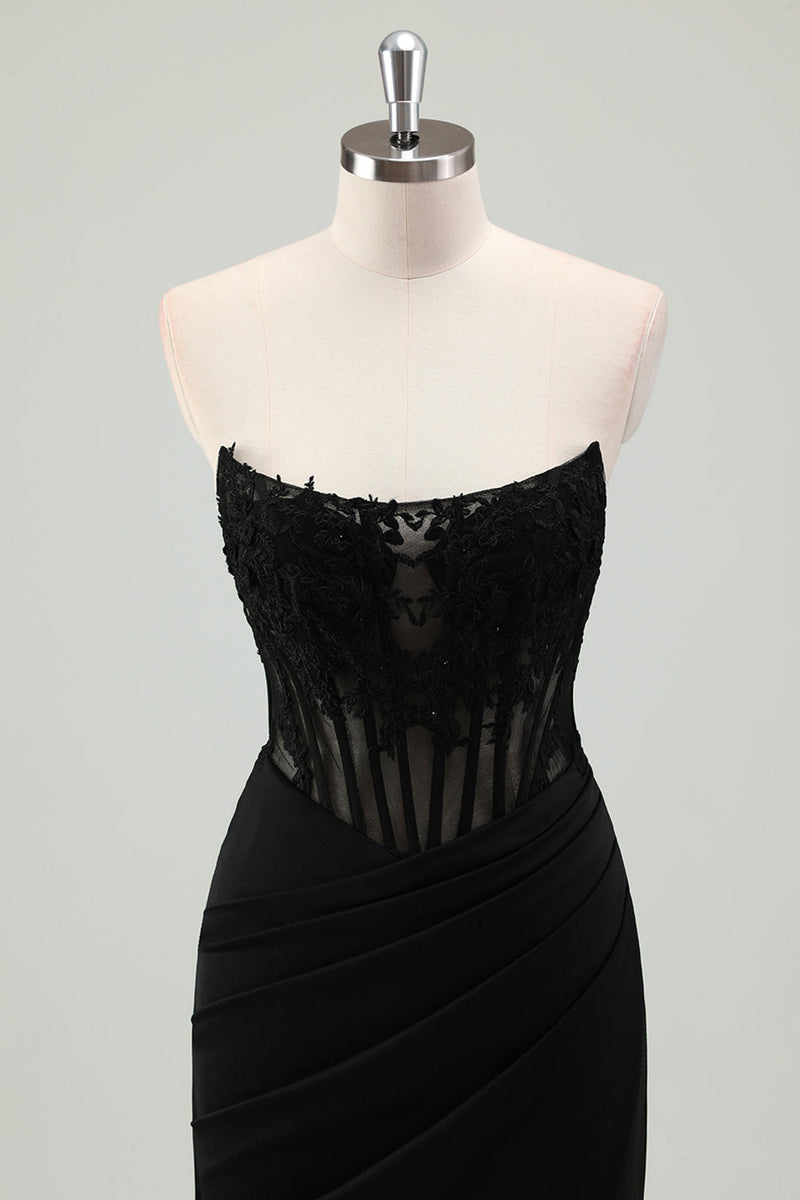 Load image into Gallery viewer, Black Satin Mermaid Strapless Corset Long Formal Dress with Slit