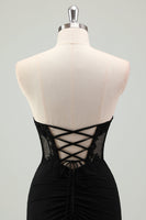 Load image into Gallery viewer, Black Satin Mermaid Strapless Corset Long Formal Dress with Slit
