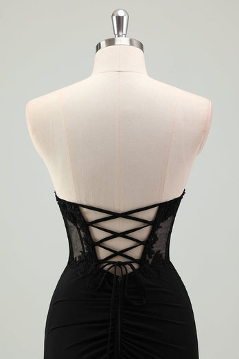 Black Satin Mermaid Strapless Corset Long Formal Dress with Slit
