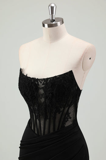 Black Satin Mermaid Strapless Corset Long Formal Dress with Slit