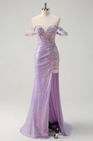 Load image into Gallery viewer, Sparkly Light Purple Sequin Mermaid Formal Dress with Slit