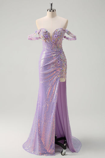 Sparkly Light Purple Sequin Mermaid Formal Dress with Slit