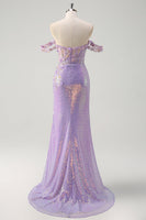 Load image into Gallery viewer, Sparkly Light Purple Sequin Mermaid Formal Dress with Slit