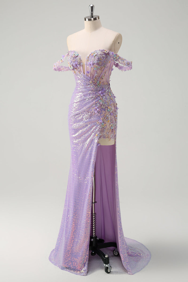 Load image into Gallery viewer, Sparkly Light Purple Sequin Mermaid Formal Dress with Slit