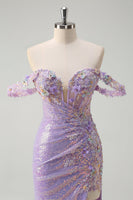 Load image into Gallery viewer, Sparkly Light Purple Sequin Mermaid Formal Dress with Slit