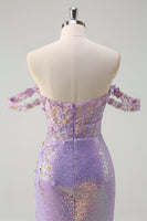 Load image into Gallery viewer, Sparkly Light Purple Sequin Mermaid Formal Dress with Slit