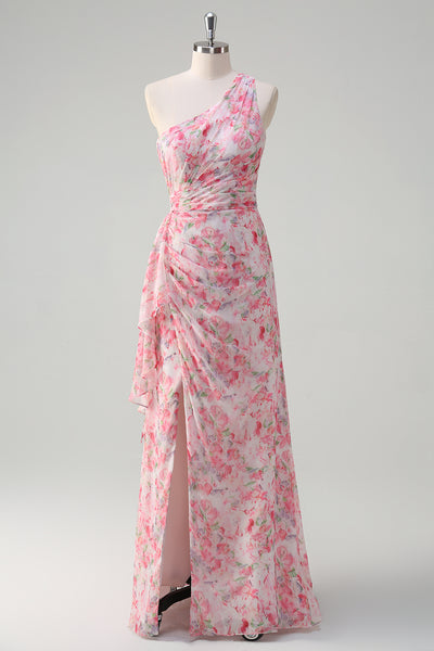 Pink Floral Ruched One Shoulder Long Formal Dress with Embroidery
